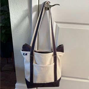 LANDS’ END Medium Natural 5 Pocket Zip Top Long Handle Canvas Tote Bag Navy Blue